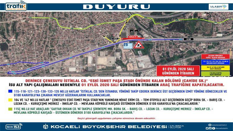 Derince’de geçici güzergah uygulaması