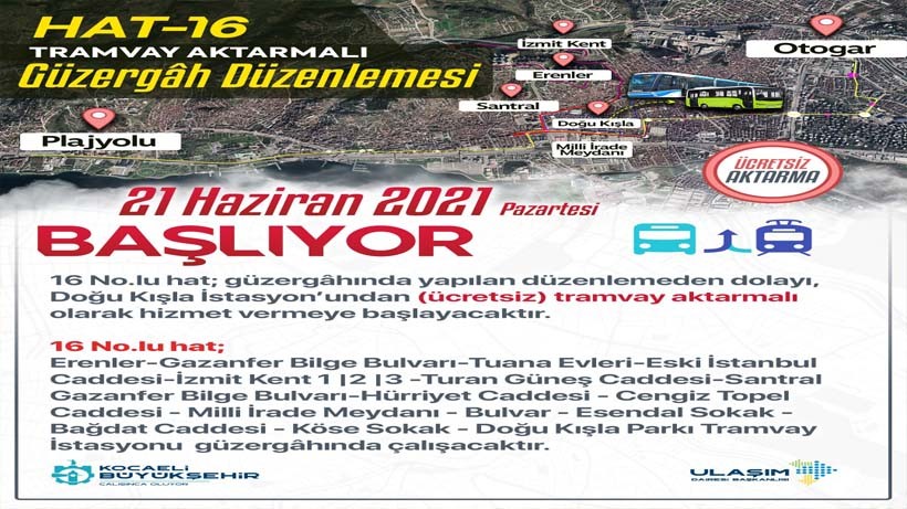 Hat 16 ve 59’da tramvay aktarmalı seferler başlıyor